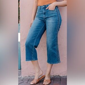 Judy Blue Dark Wash Cropped Flare Jeans with Side Embroidery